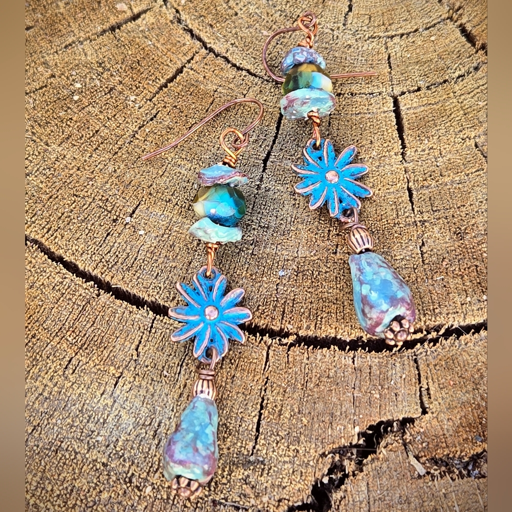 Handcrafted Blue Patina Clay Verdigris Flower In Artisan Copper Long Earrings